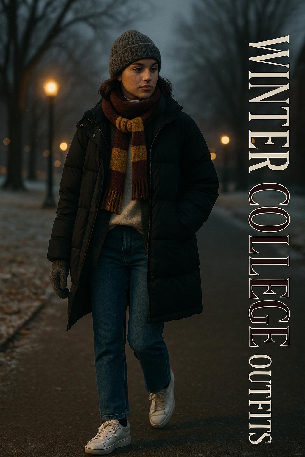 Cinematic photo of winter college outfits on a student walking through a cozy snowy campus