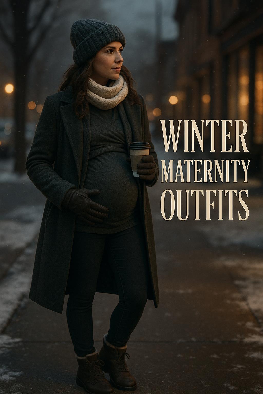 Pregnant woman in stylish winter maternity outfits walking on a snowy city sidewalk at dusk
