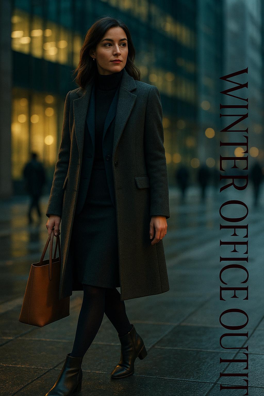 Cinematic winter office outfit on stylish woman walking to glass city office at blue hour
