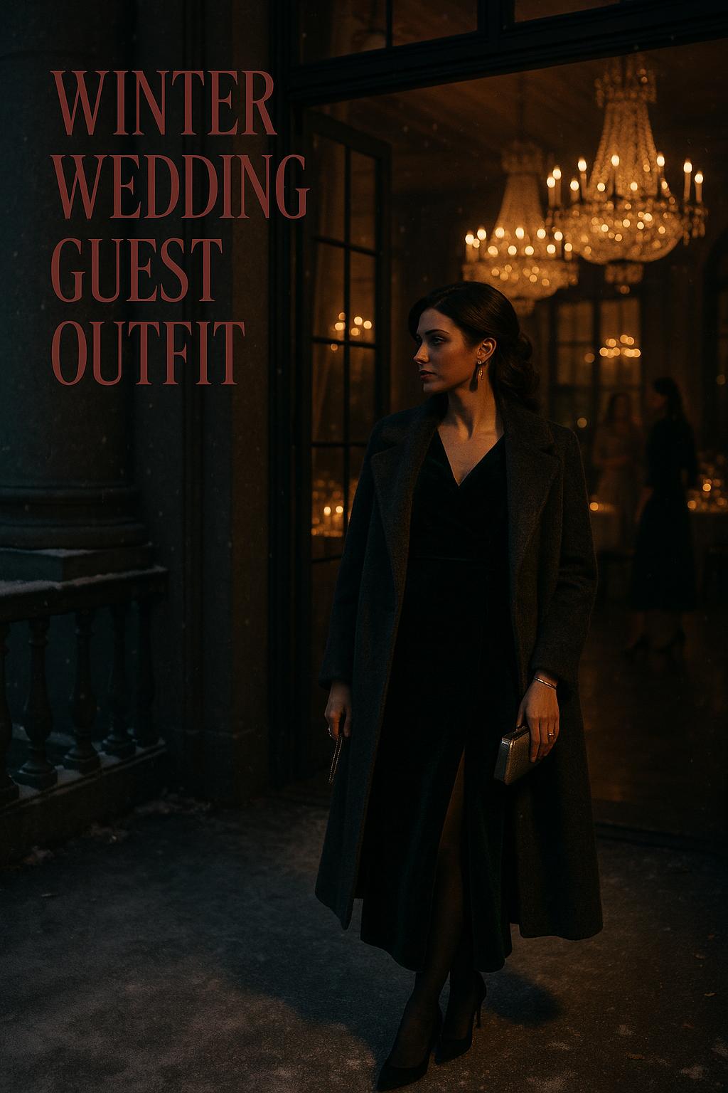 Cinematic winter wedding guest outfit on terrace at dusk with glowing ballroom backdrop