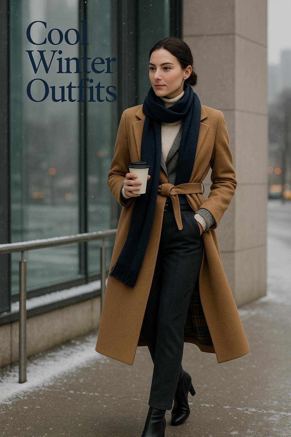 Stylish woman in camel coat and navy scarf showcasing cool winter outfits on a city sidewalk