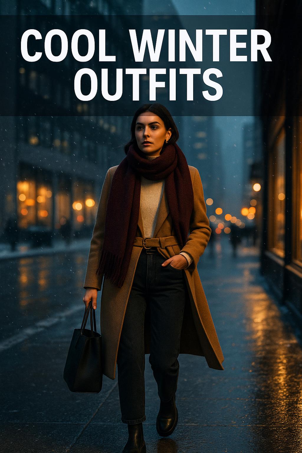 Cool winter outfits with layered coats, scarves, and boots on a snowy city street