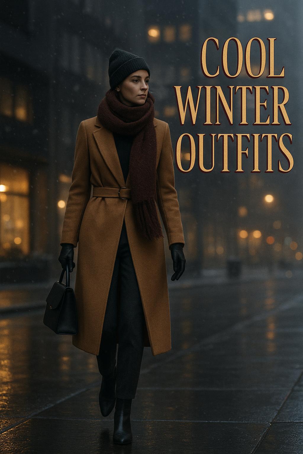 Stylish woman in camel coat walking through modern city at dusk showcasing cool winter outfits