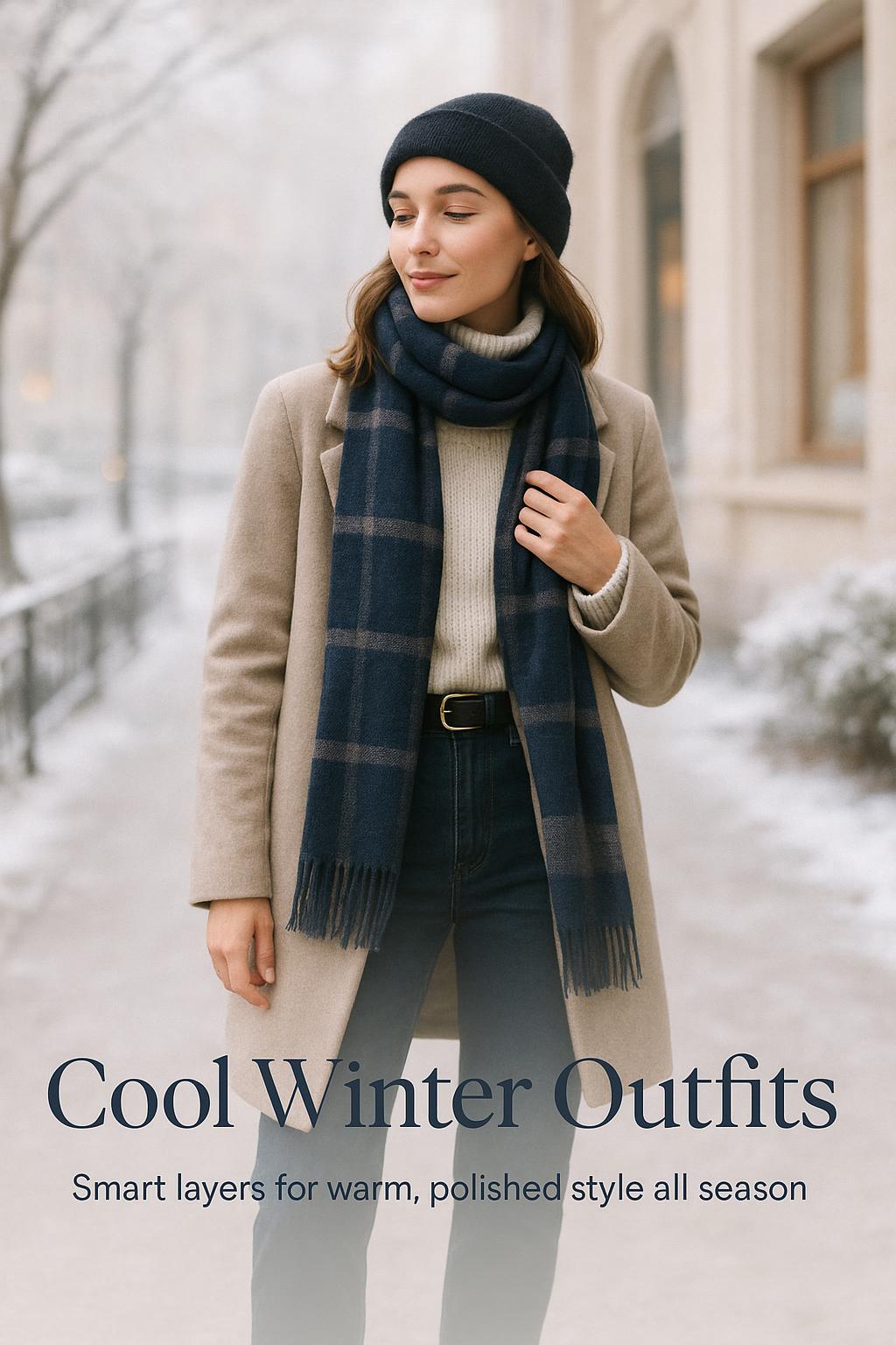 Stylish woman in neutral layers showcasing cool winter outfits on a soft, bright city street