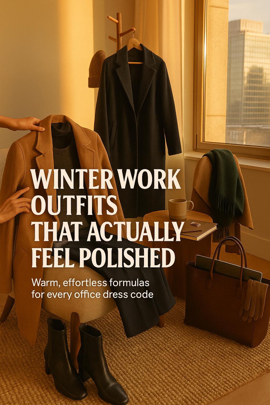 cozy city apartment with winter work outfits laid out in warm golden-hour light