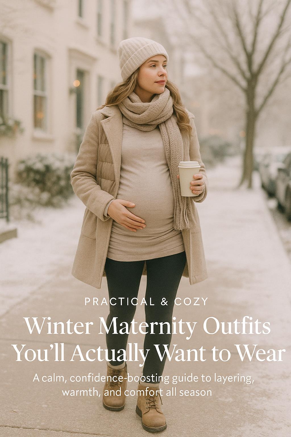 Pregnant woman in cozy layered winter maternity outfits on a snowy city sidewalk