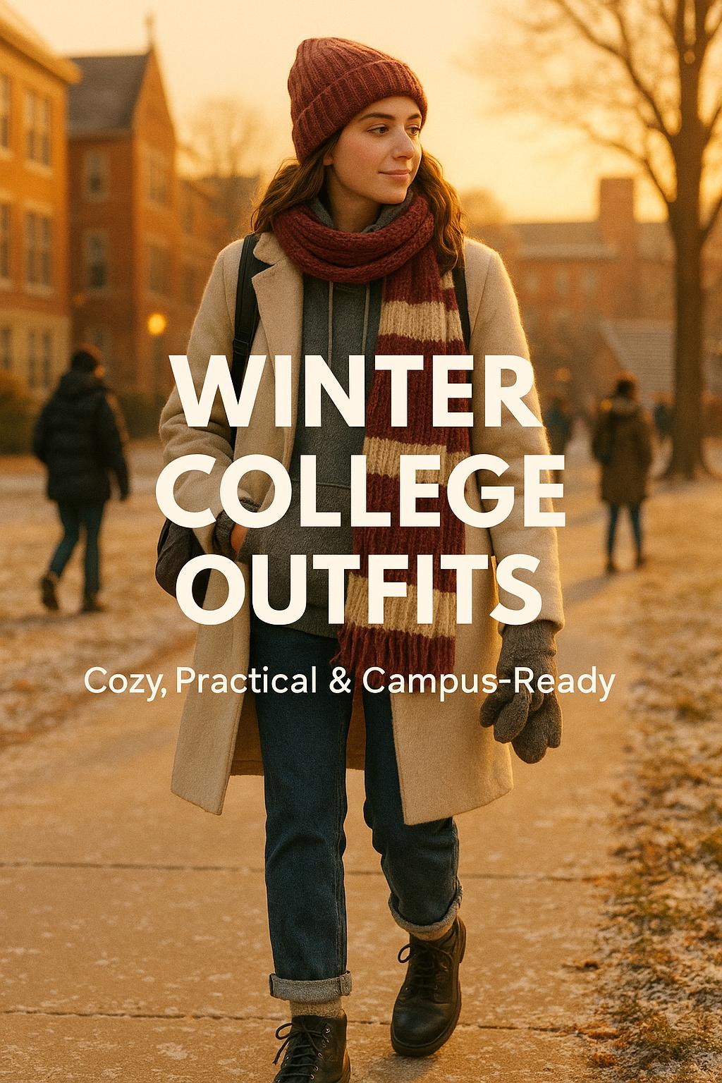 Stylish student in layered winter college outfits walking through frosty campus at golden hour