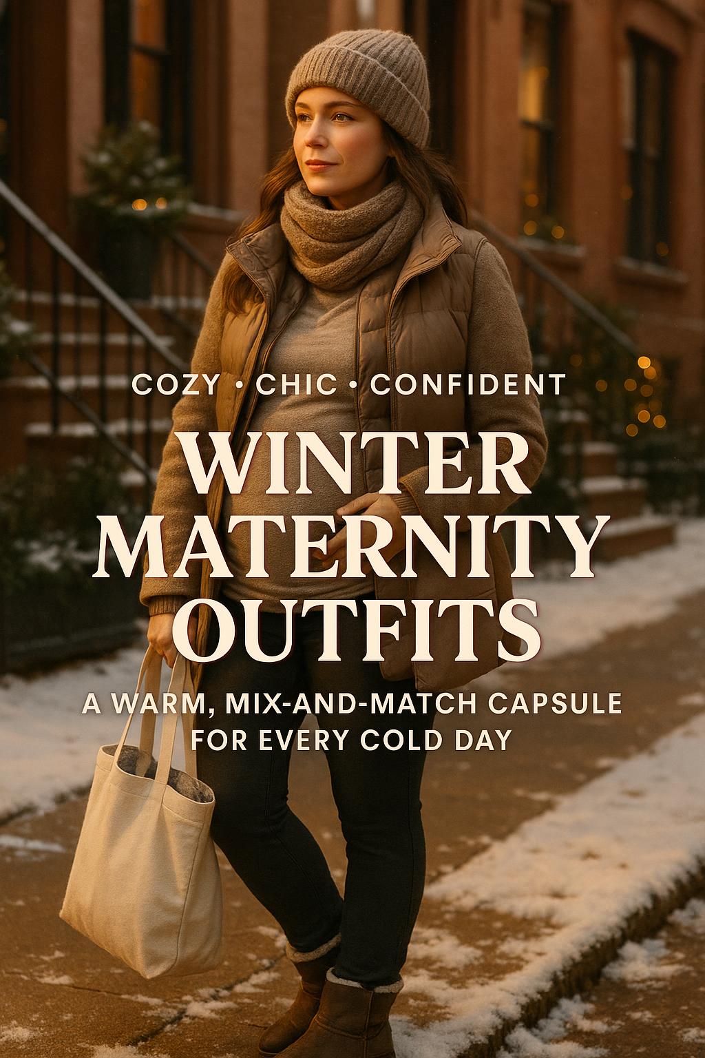 Pregnant woman in winter maternity outfits on a cozy snow-dusted city sidewalk at golden hour