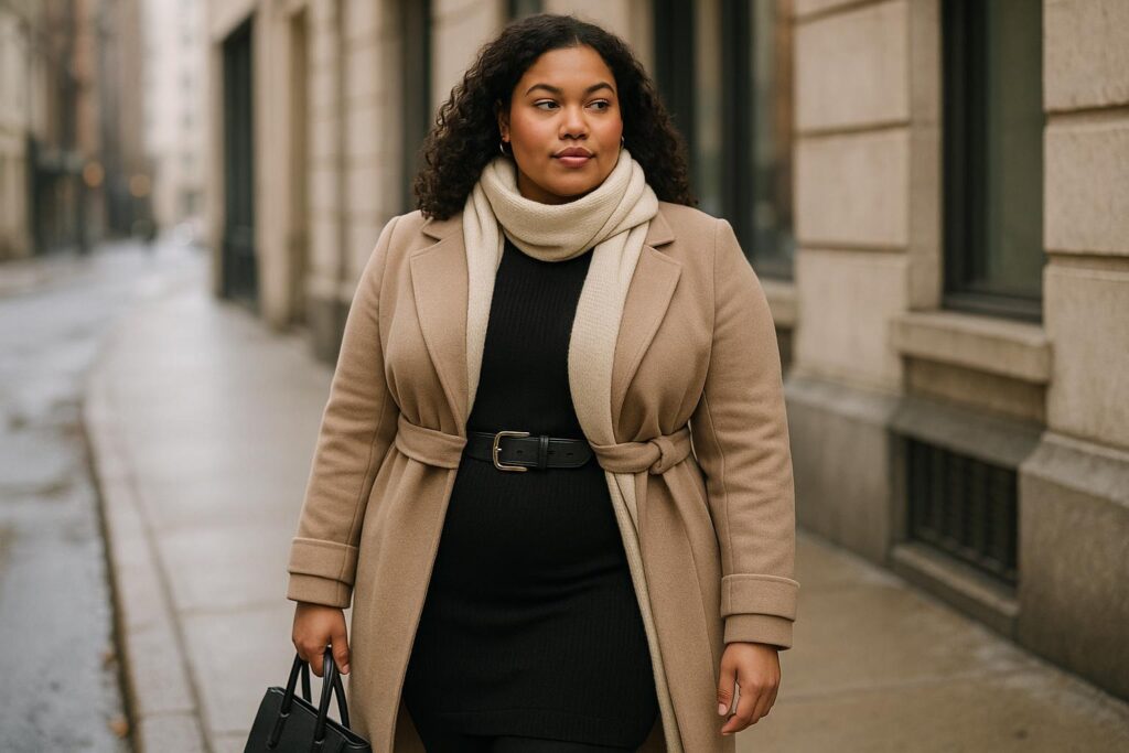 Curvy winter outfits with a belted wrap coat, jeans, and ankle boots on a snowy city street