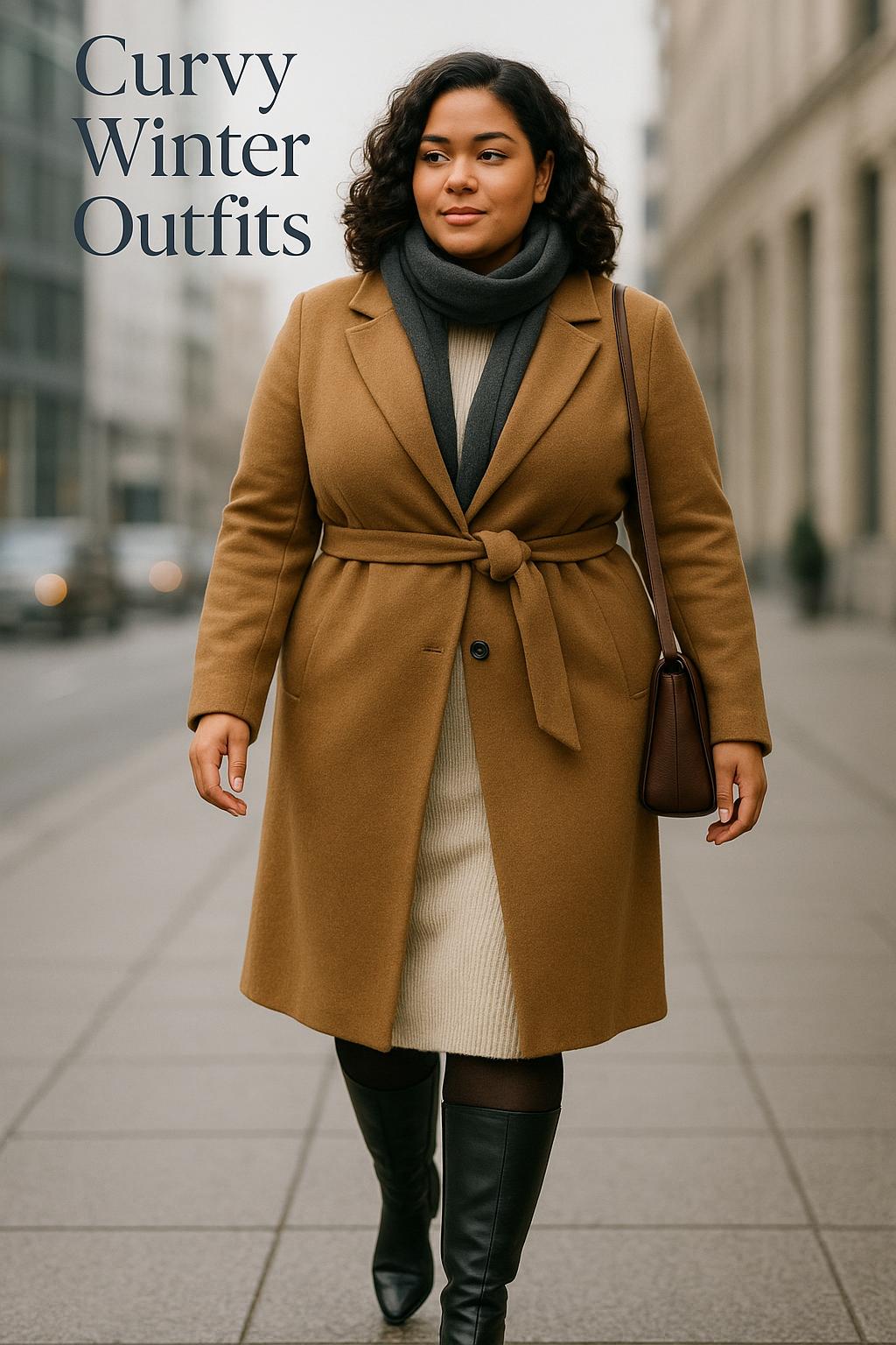 Confident woman in camel coat modeling curvy winter outfits on a city street