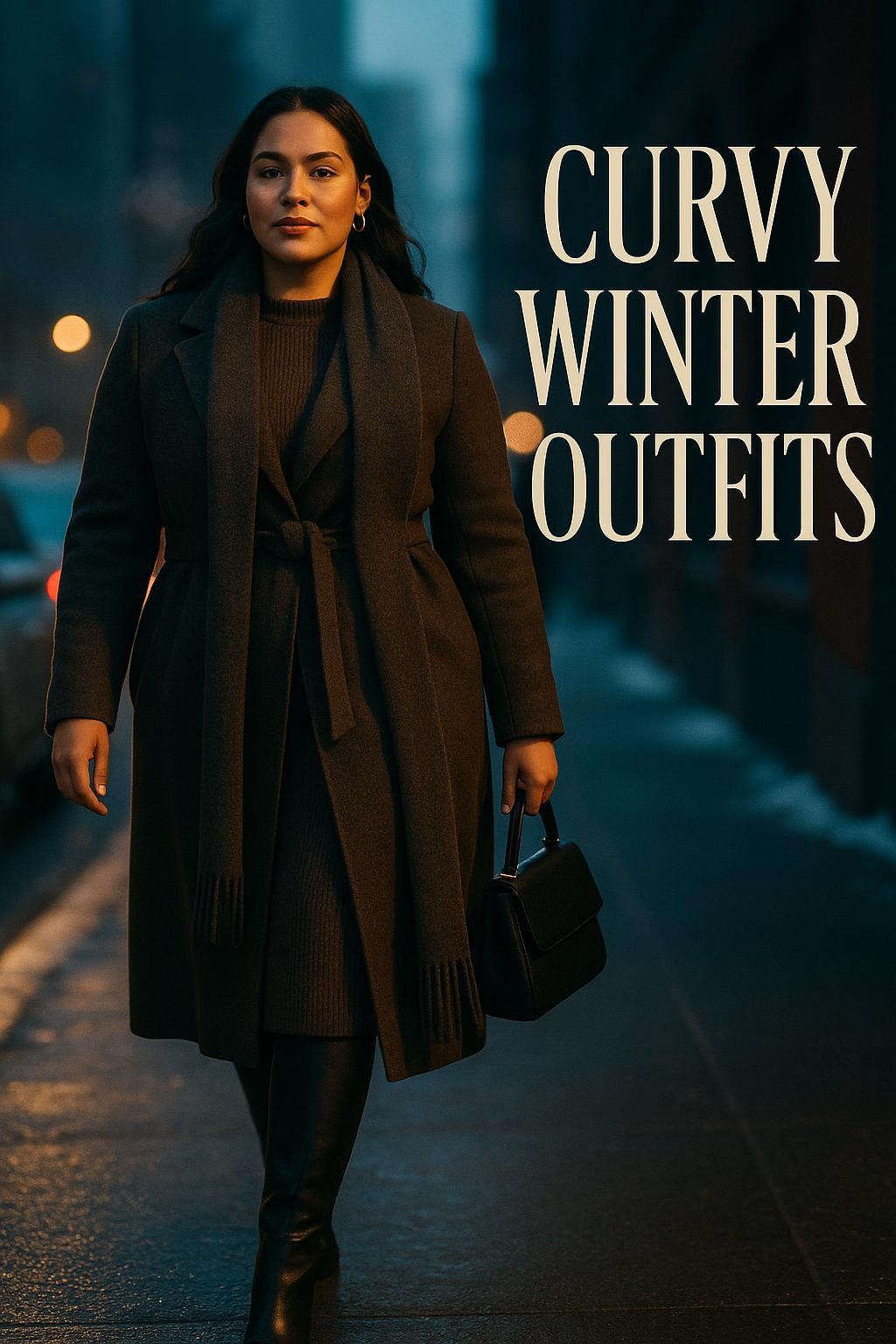 Curvy winter outfits street style photo of a confident woman in a wool coat at blue hour