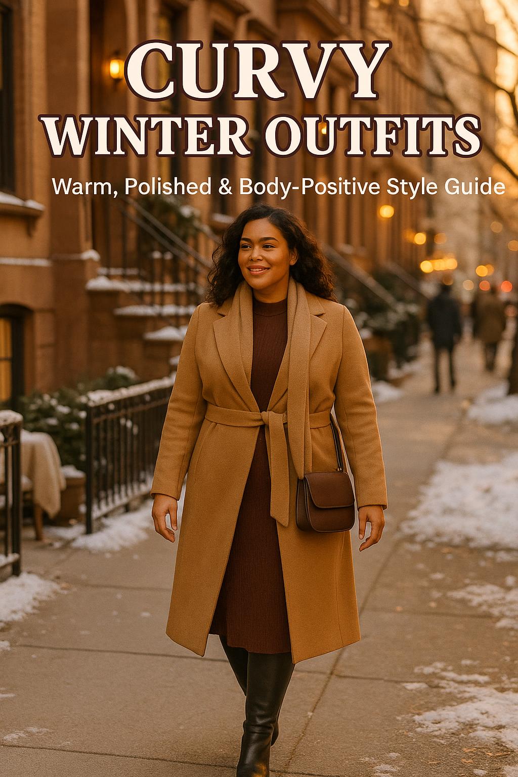 Curvy winter outfits inspiration with stylish woman in camel coat on snowy city street at golden hour