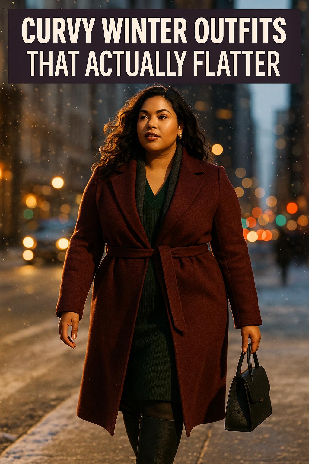 Stylish curvy winter outfits with cozy coat and boots on snowy city street