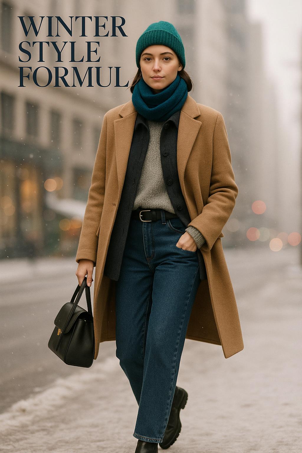 Editorial winter street style outfit with camel coat, jewel-toned scarf, and layered neutrals in falling snow