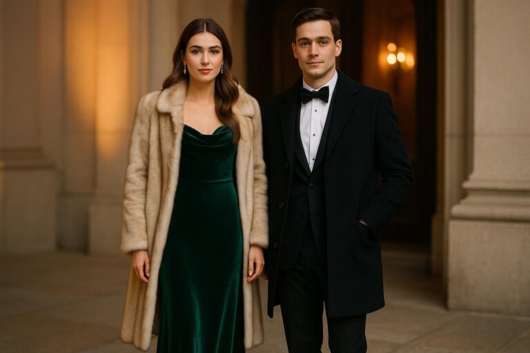 Elegant couple in winter formal outfits posing outdoors in the snow at night