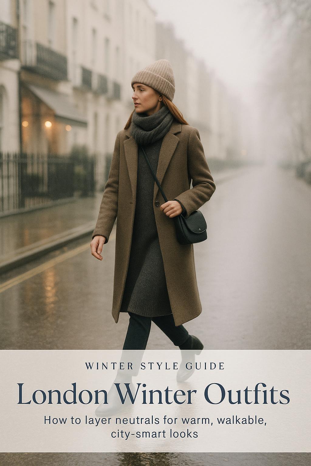 Stylish woman walking in London winter outfits on a soft drizzly city street