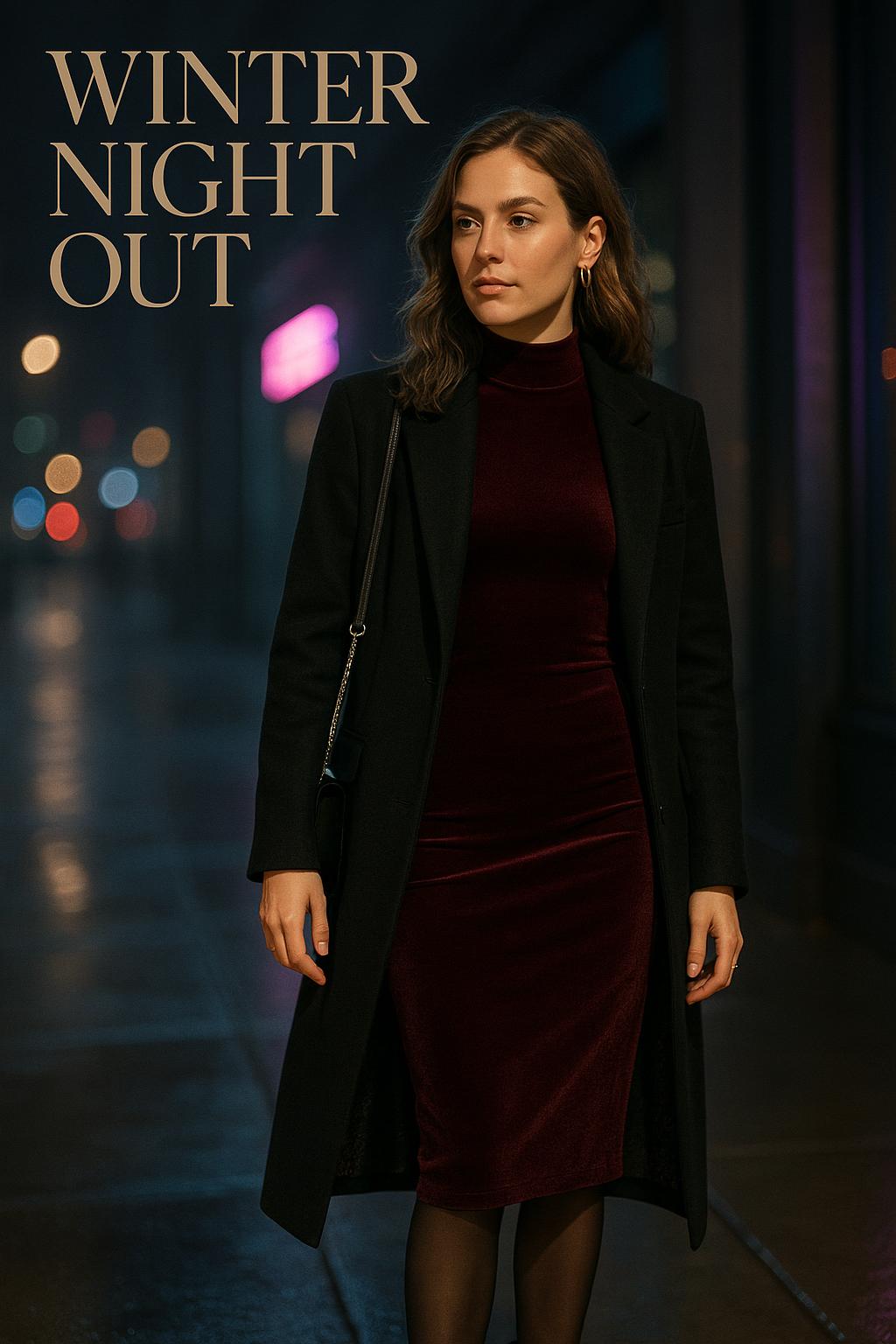 Stylish woman in winter clubbing outfit outside chic city nightclub at night