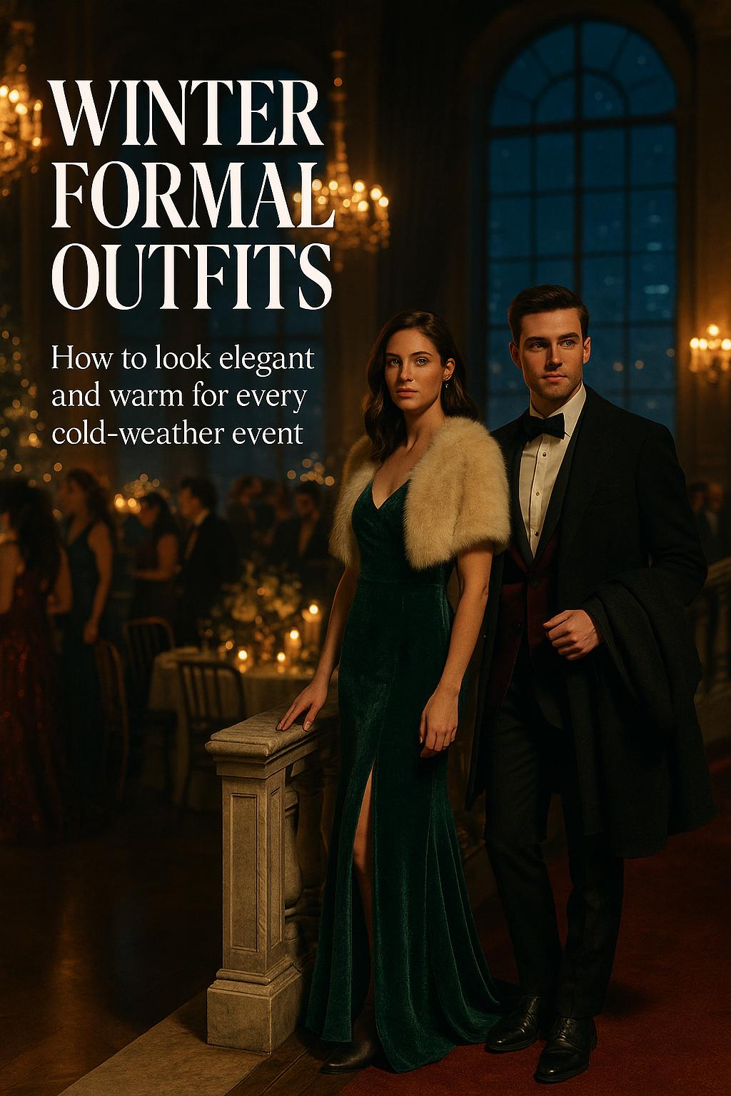 Elegant couple in candlelit ballroom showcasing winter formal outfits