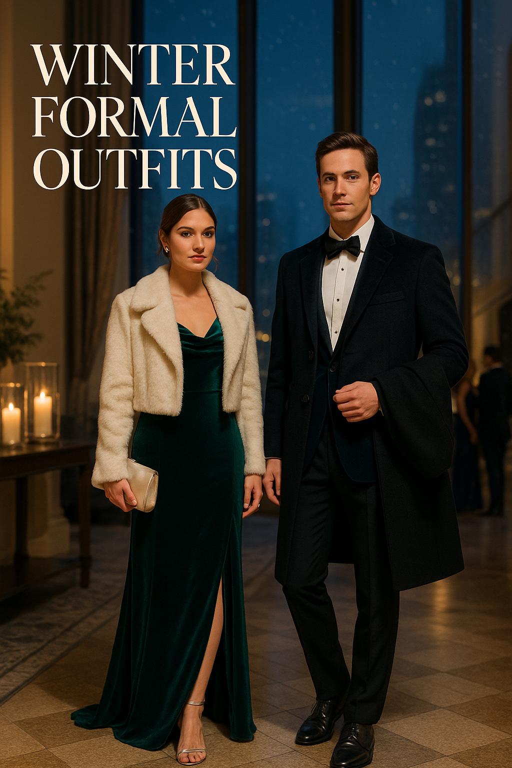 Elegant couple in winter formal outfits in a candlelit hotel lobby at night