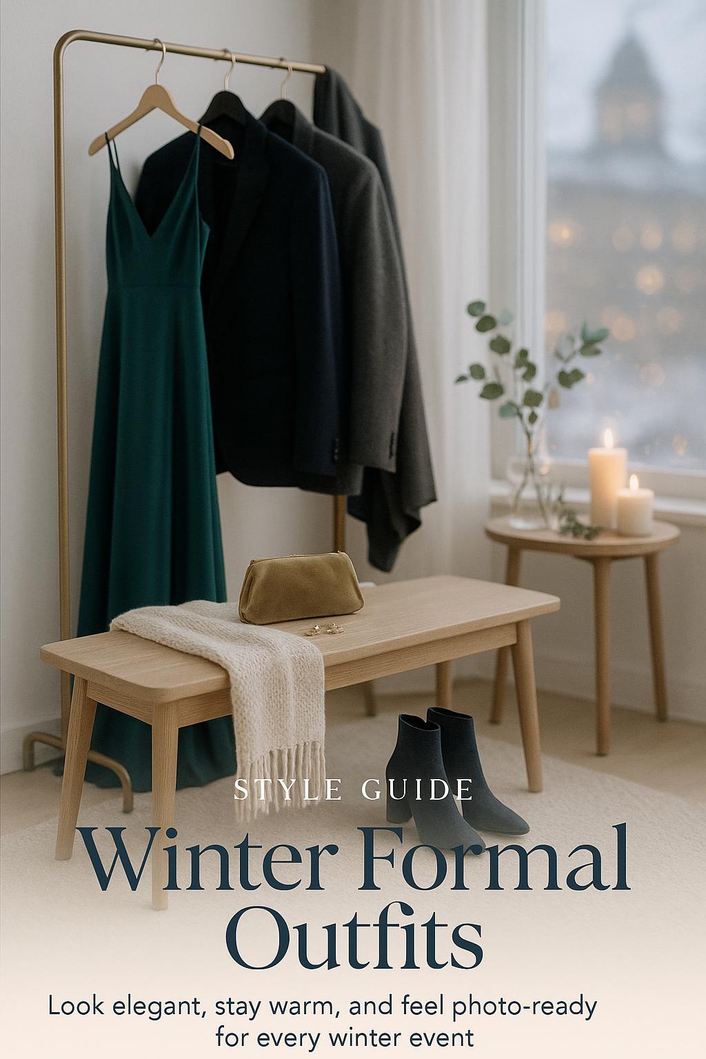 elegant winter formal outfits styled in a softly lit dressing area with gown, suit, and accessories