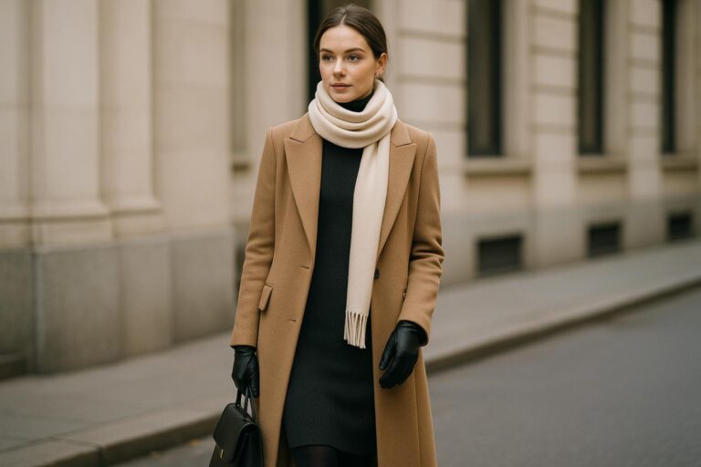 Elegant winter outfits with a camel coat, cream turtleneck, and tailored trousers on a city street
