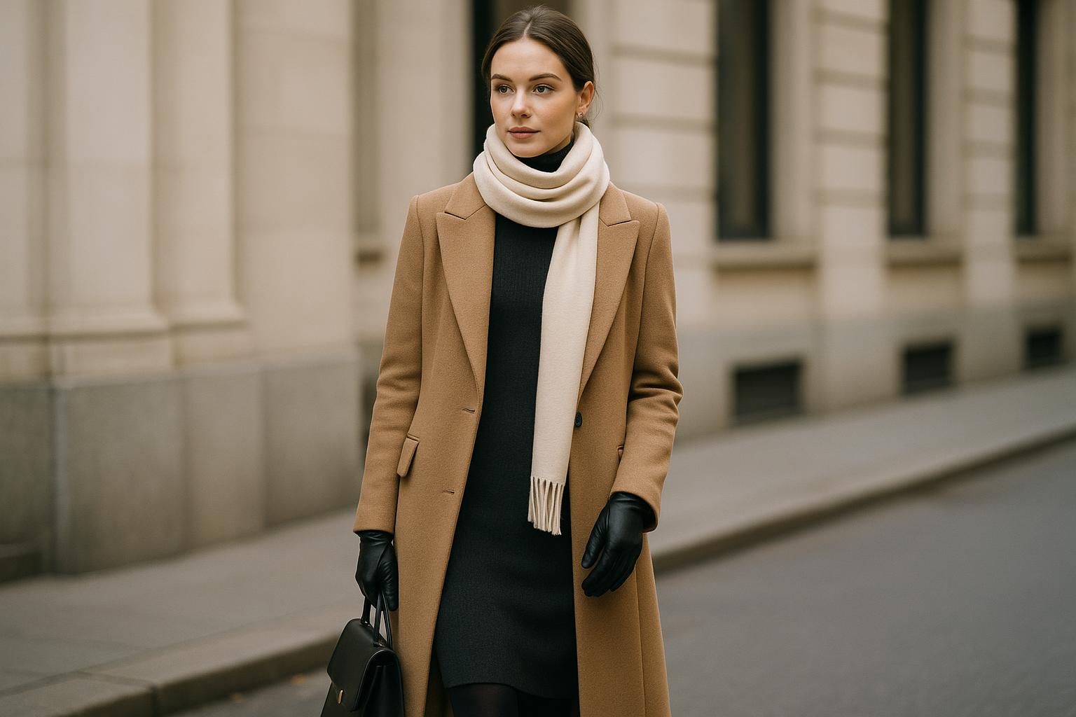 Elegant winter outfits with a camel coat, cream turtleneck, and tailored trousers on a city street