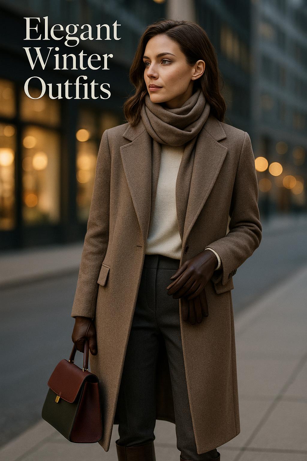 Elegant winter outfits editorial street style photo of woman in taupe wool coat at dusk