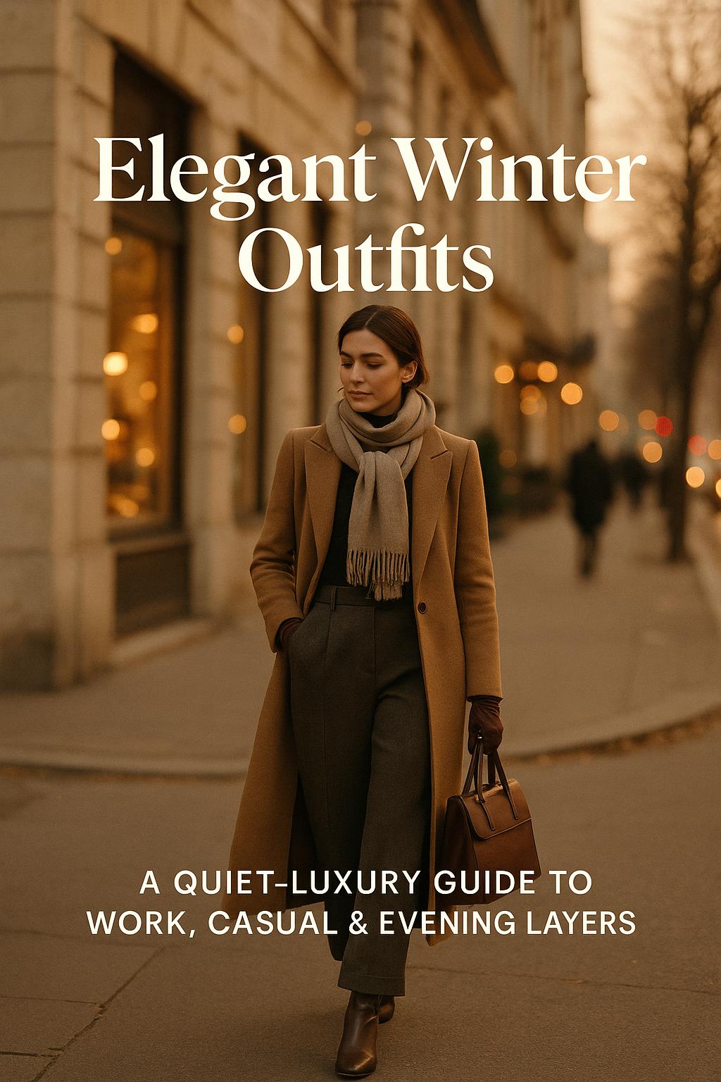 Elegant winter outfits inspiration with a chic woman in a camel coat walking a European city street at golden hour