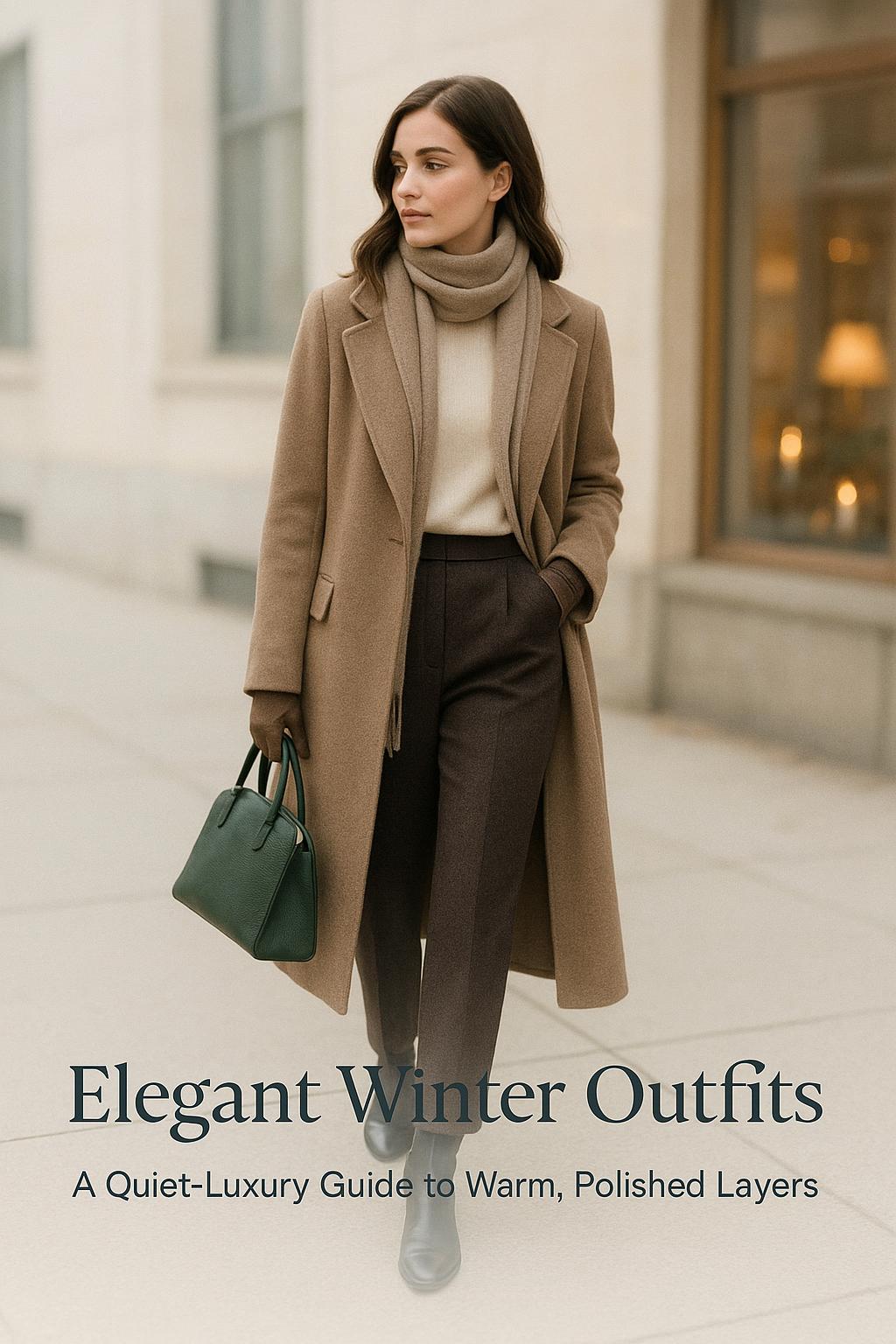 Elegant winter outfits on a quietly luxurious city street in soft natural light