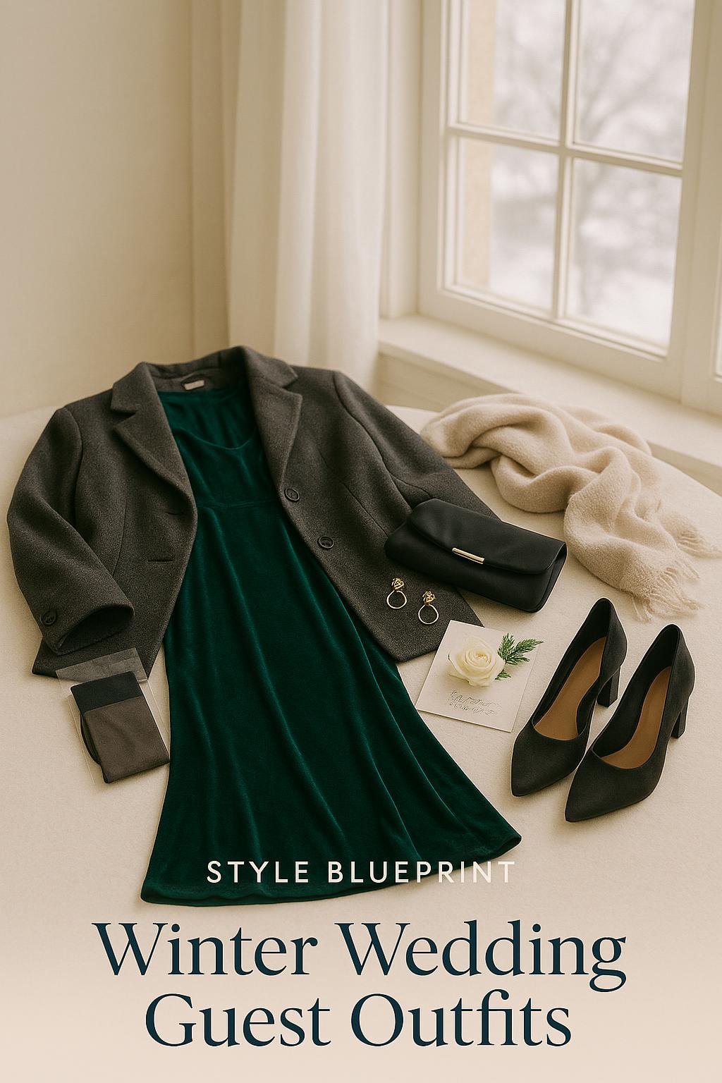 Elegant winter wedding guest outfit flat lay with jewel-tone dress and coat by a bright window