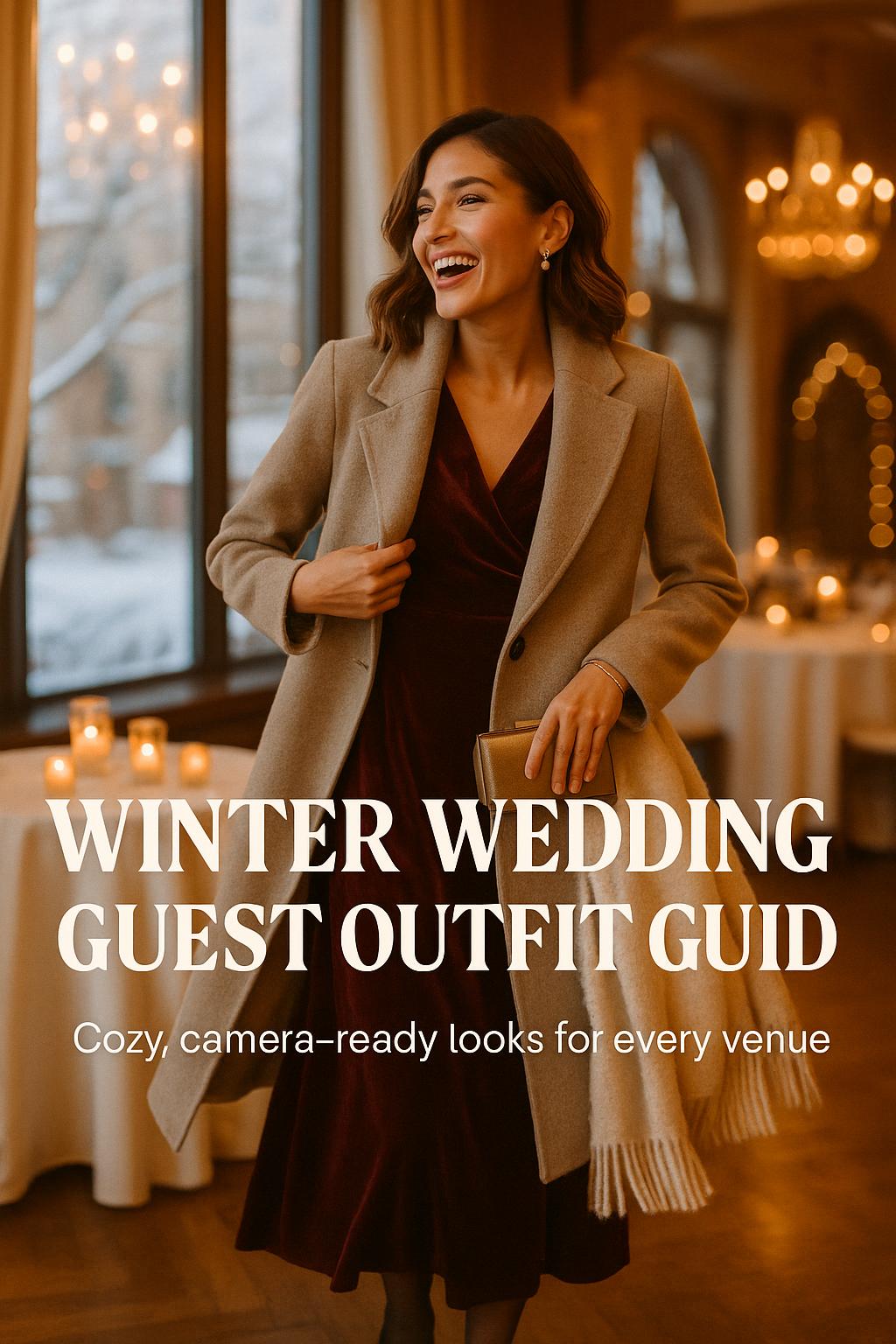 Chic winter wedding guest outfit in a cozy golden hour city ballroom