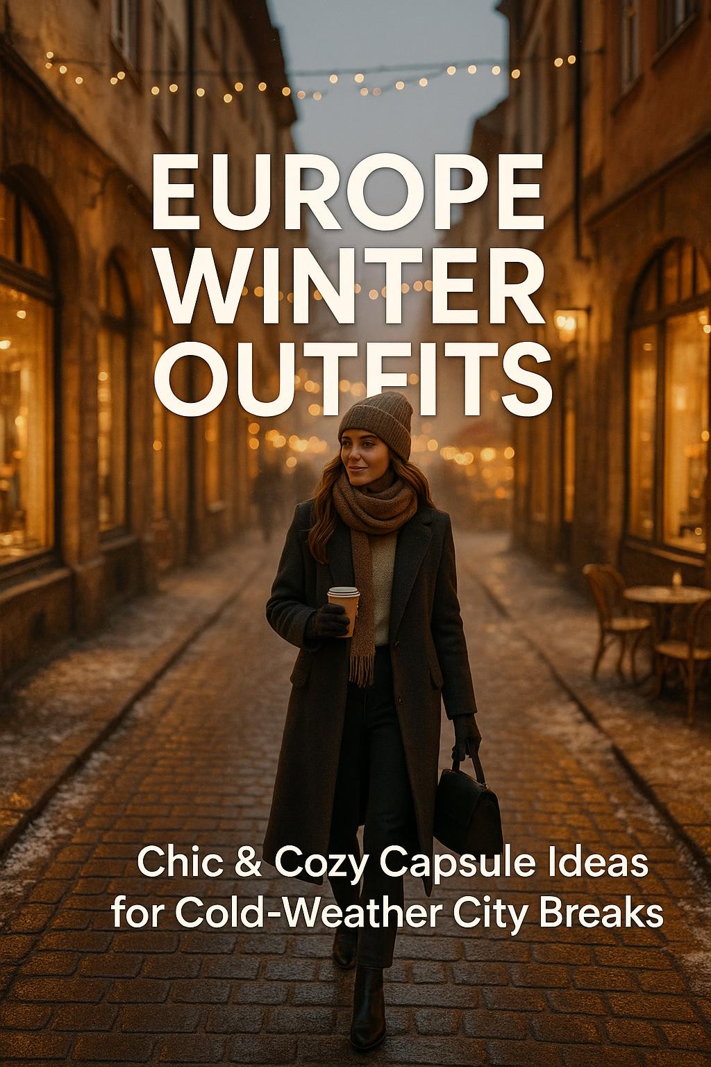 Stylish woman in Europe winter outfits walking a snowy cobbled street at golden hour
