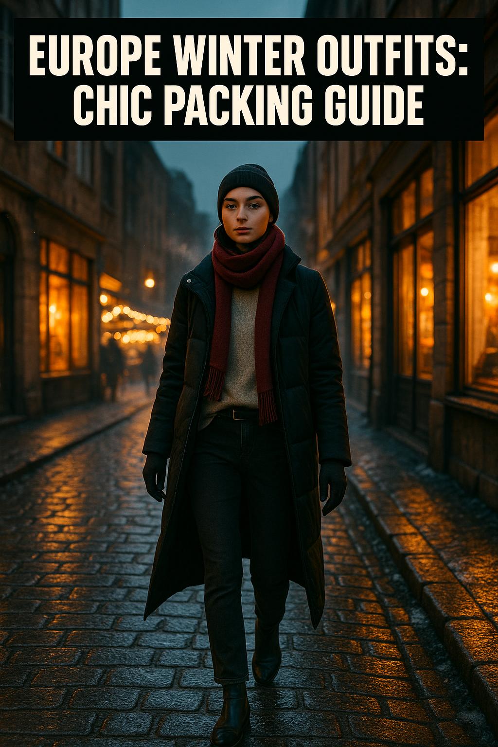 Stylish Europe winter outfits with cozy coats and scarves on a snowy city street