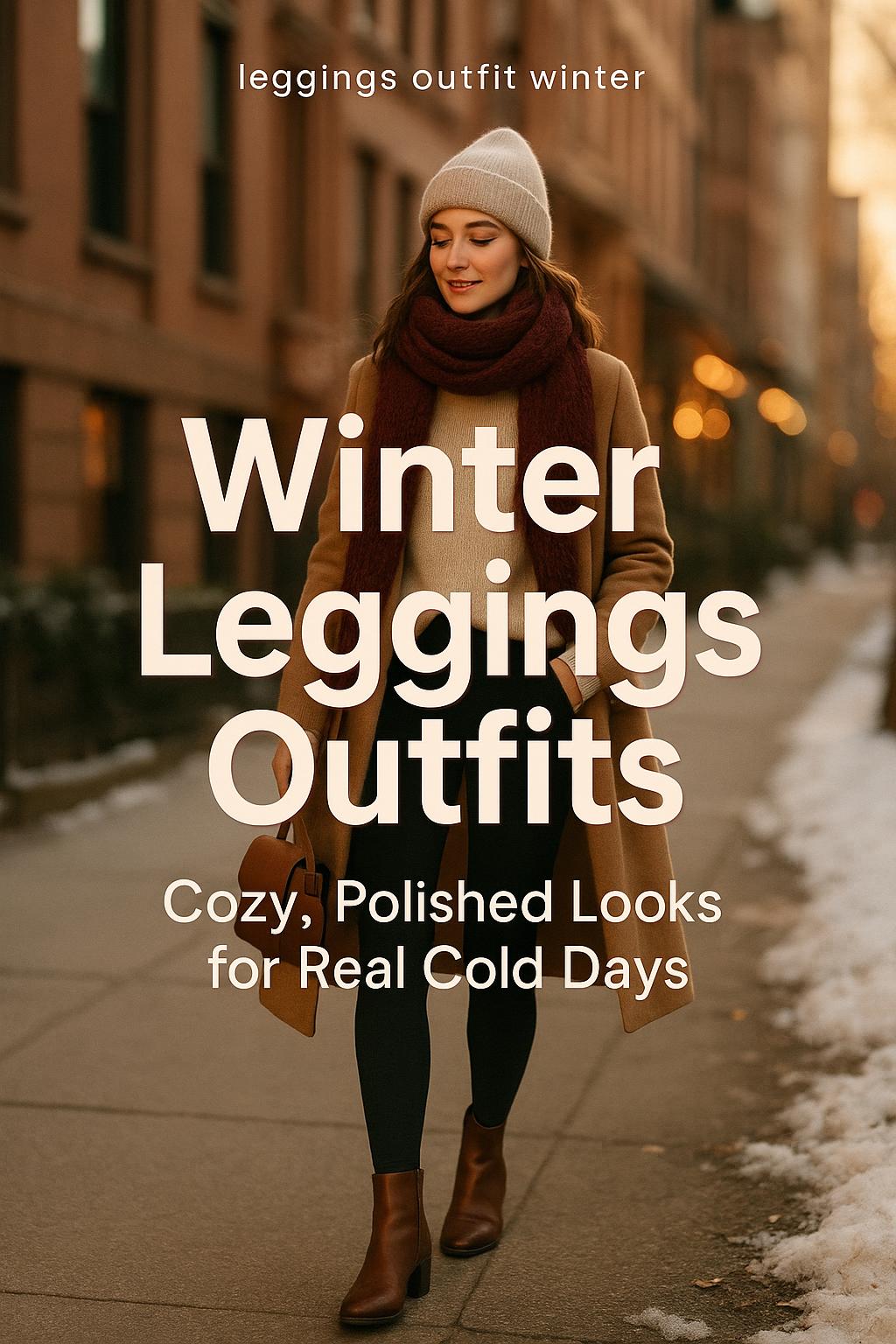 Stylish winter leggings outfit on frosty city street at golden hour
