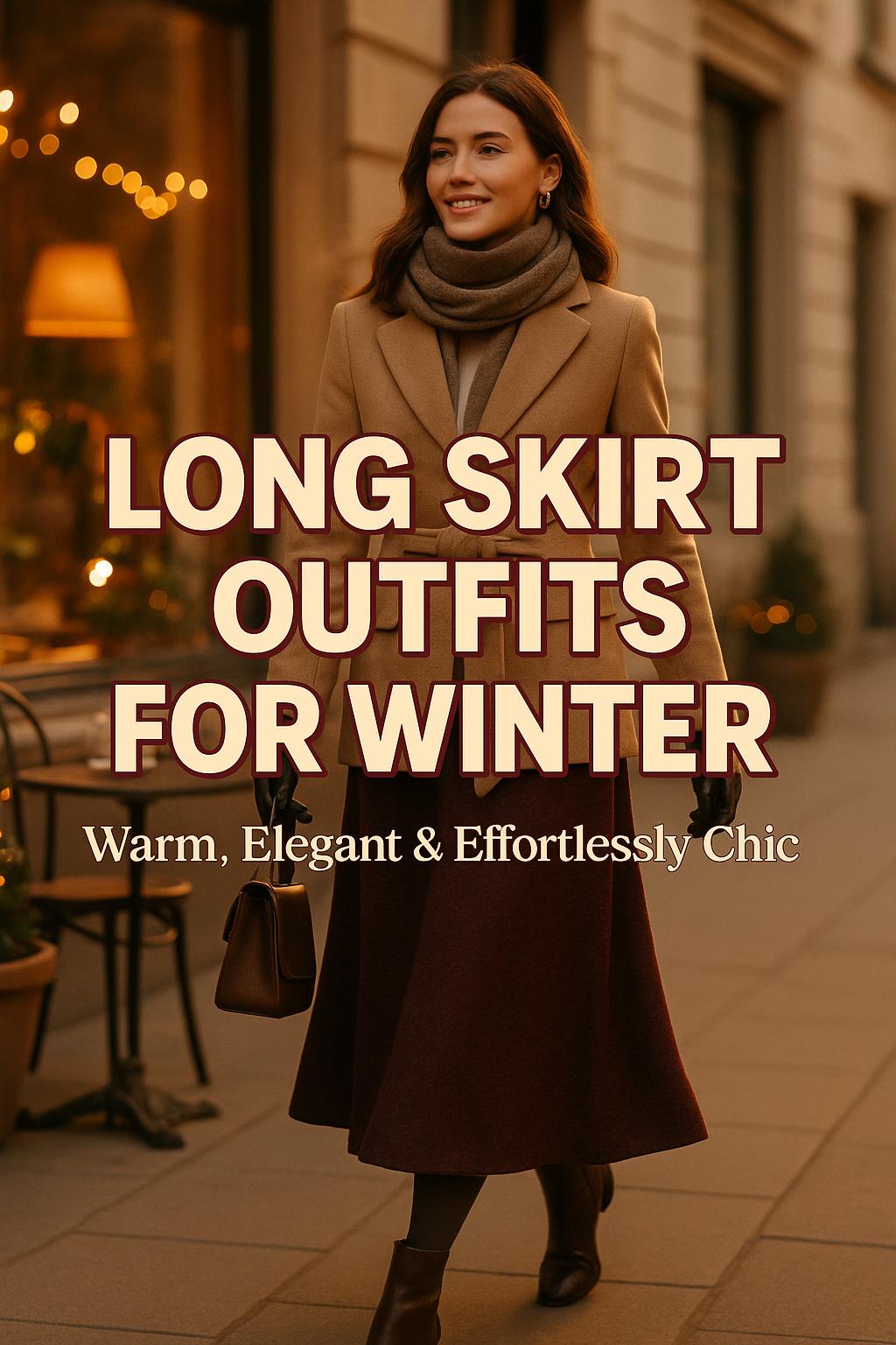 Stylish woman in long skirt outfits for winter walking past cozy city cafés at golden hour