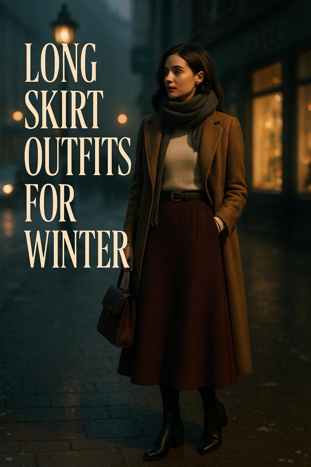 Cinematic photo of long skirt outfits for winter on a moody city street at dusk