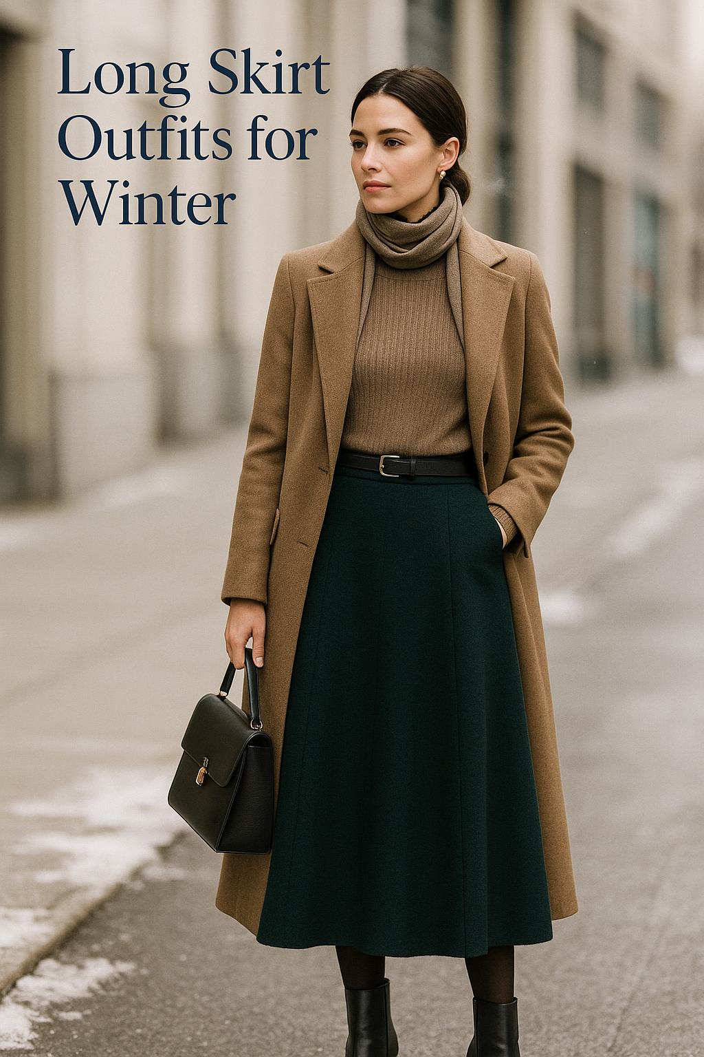 Stylish woman in long skirt outfits for winter on a minimalist city sidewalk