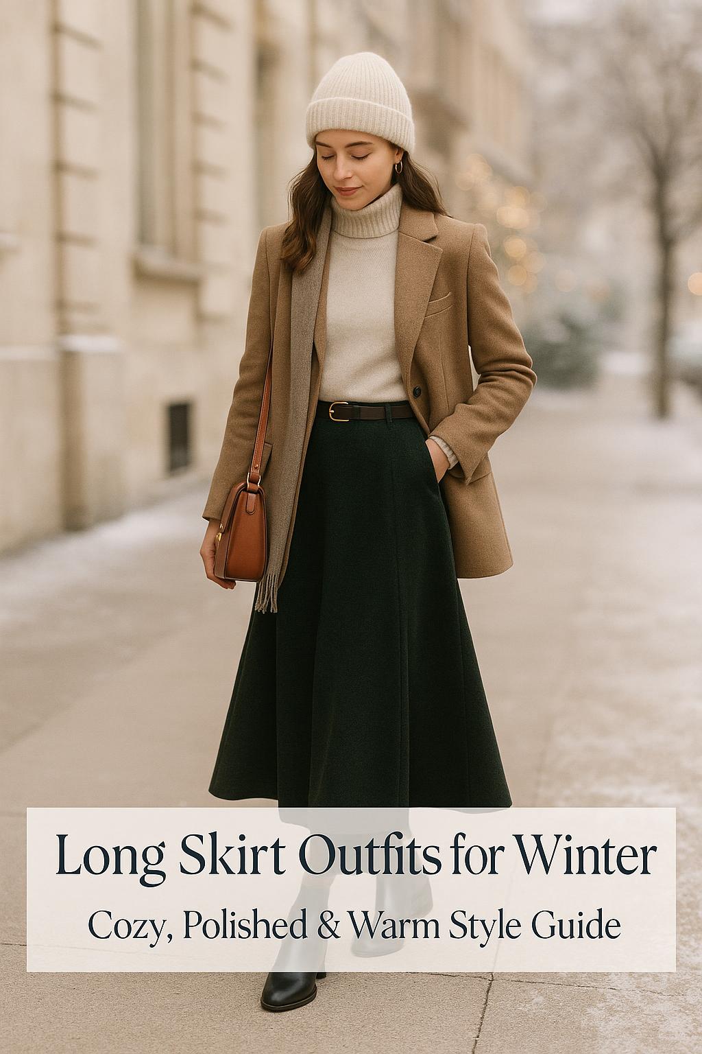 Stylish woman on a winter city street wearing chic long skirt outfits for winter