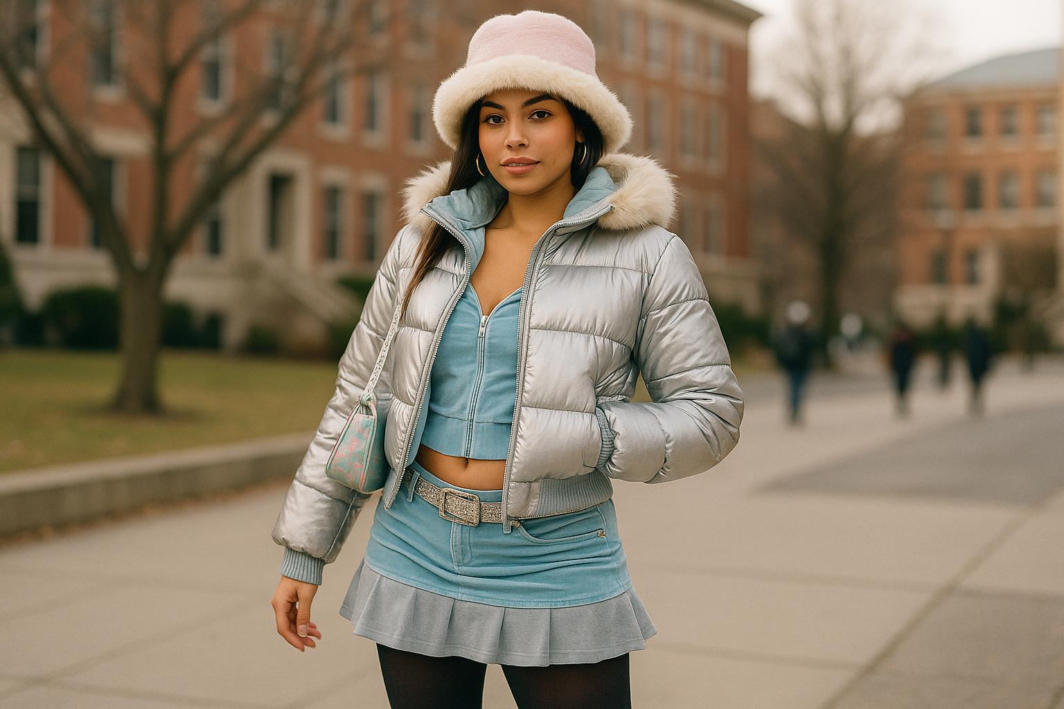 modern y2k winter outfits with metallic puffer jacket, mini skirt over tights and platform boots on city street