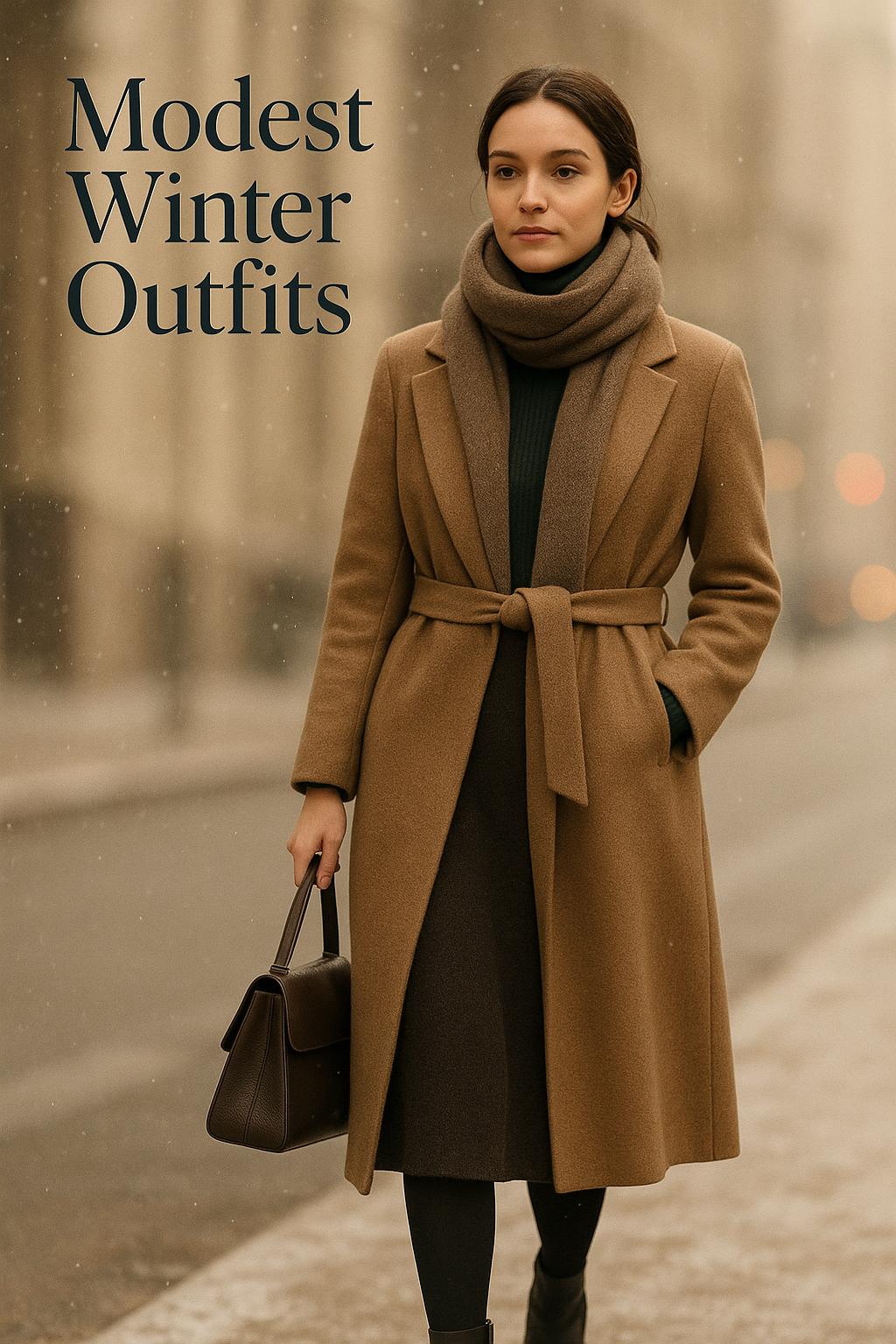 Stylish woman in camel coat walking through softly lit city snow, showcasing modest winter outfits