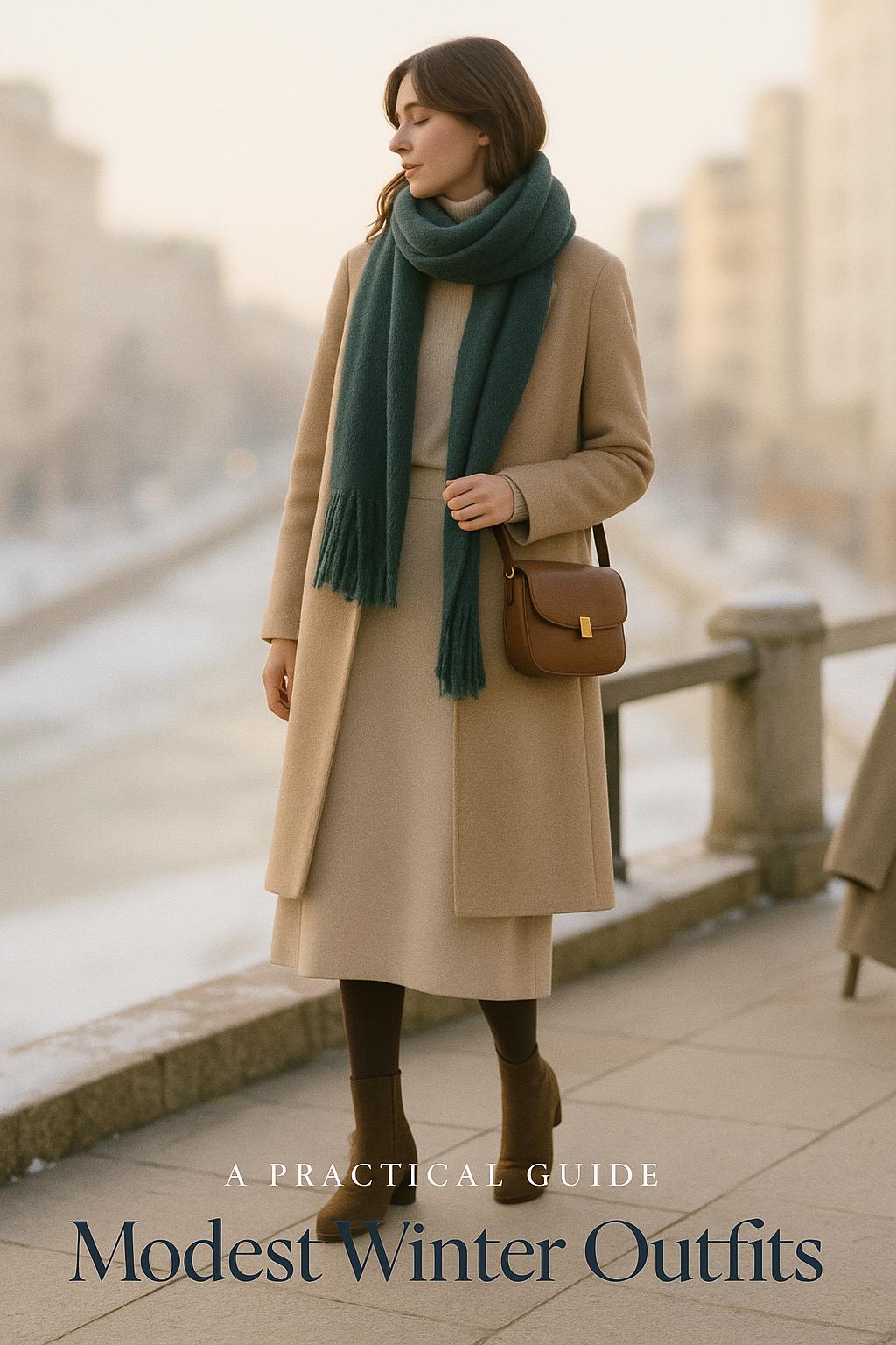Woman in layered modest winter outfits on a snowy city sidewalk at golden hour