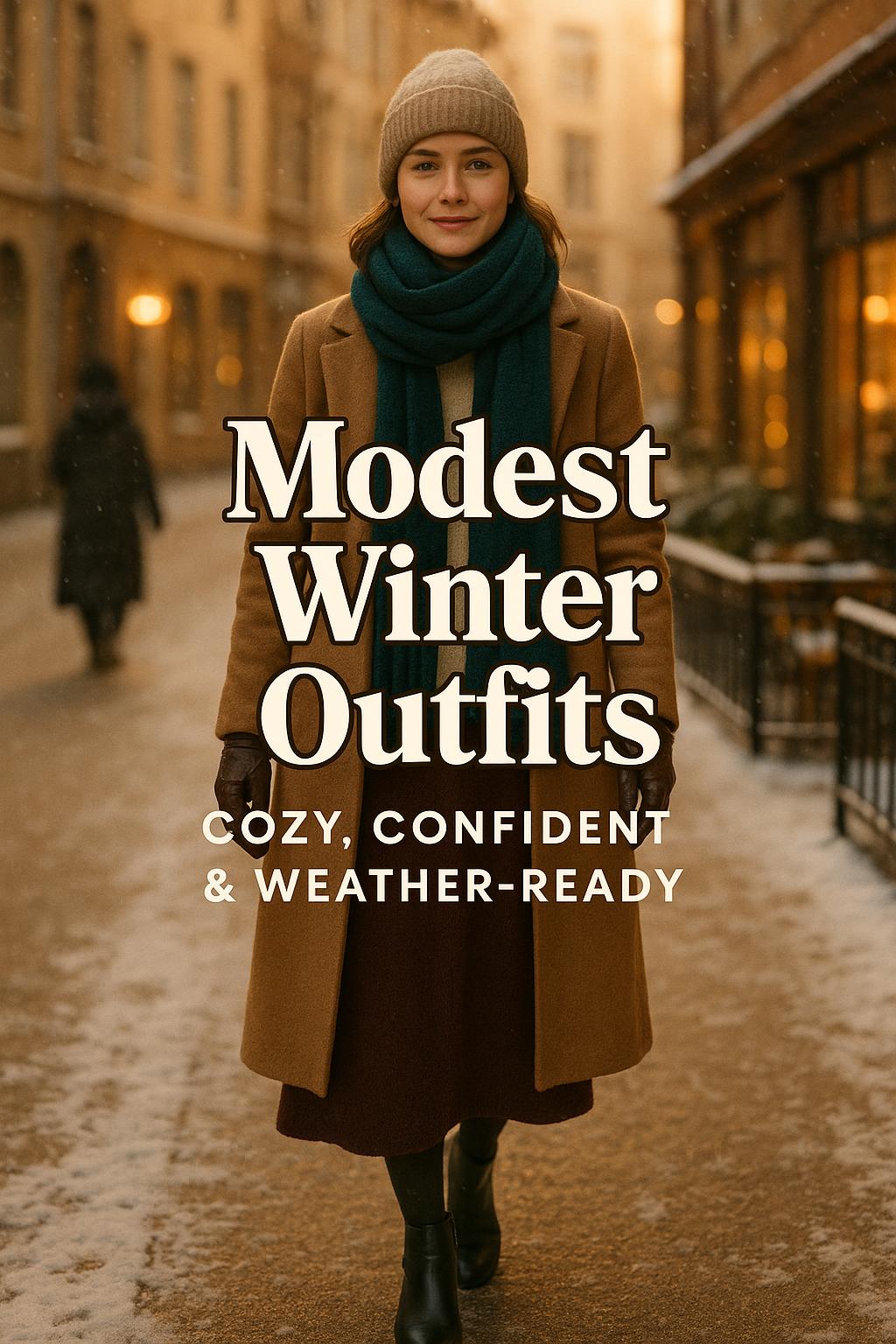 Stylish woman in modest winter outfits walking on a snowy city sidewalk at golden hour