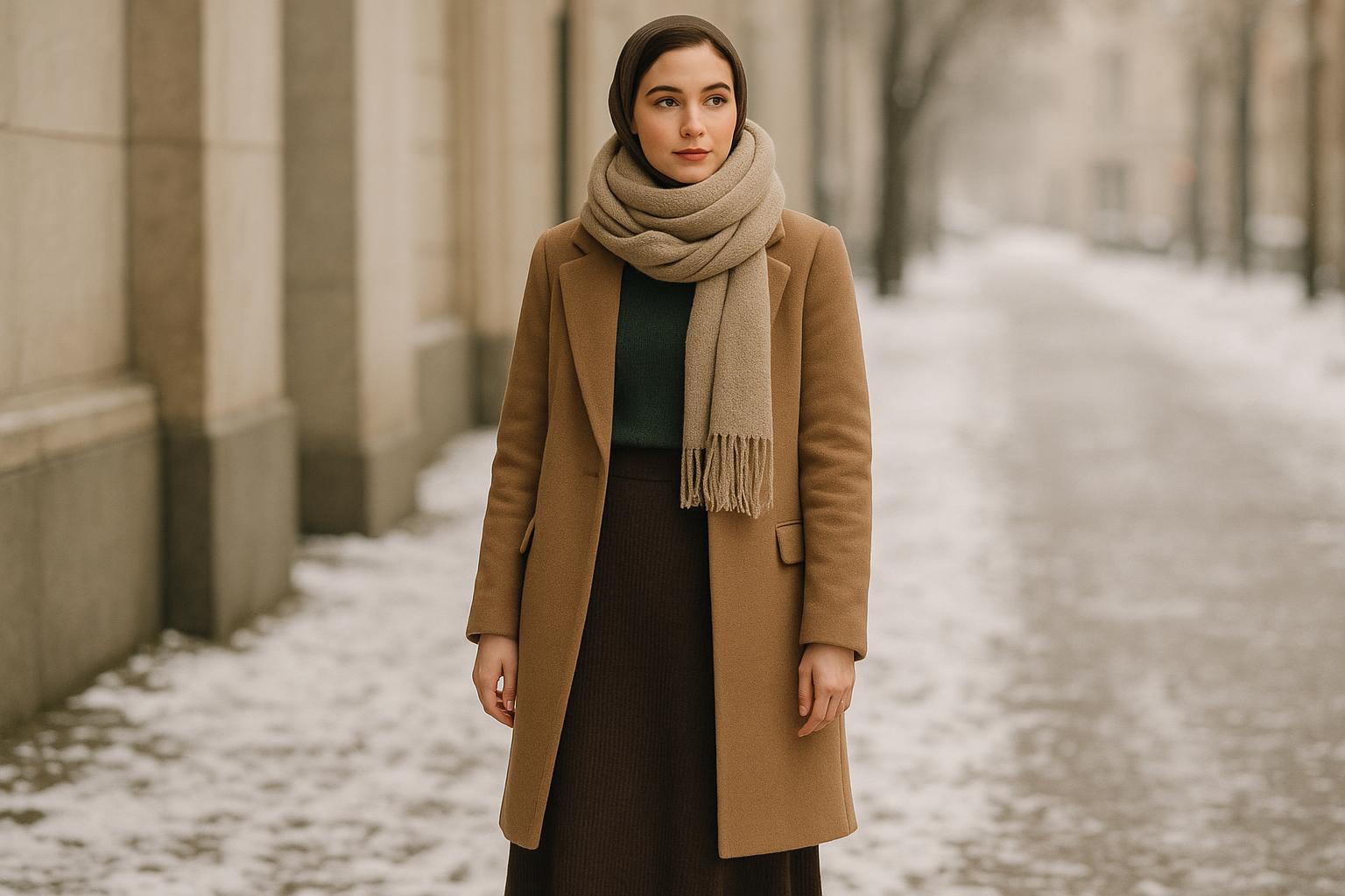 Modest winter outfits with a long wool coat, midi skirt, and boots on a snowy city street
