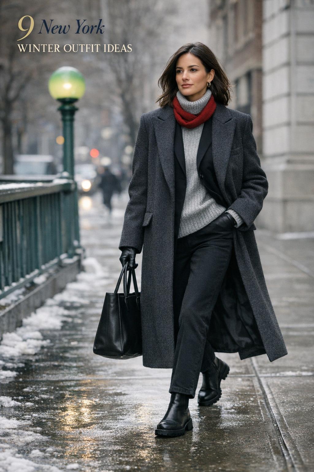 New york winter outfit street style photo of a woman in a charcoal coat walking near a Manhattan subway entrance