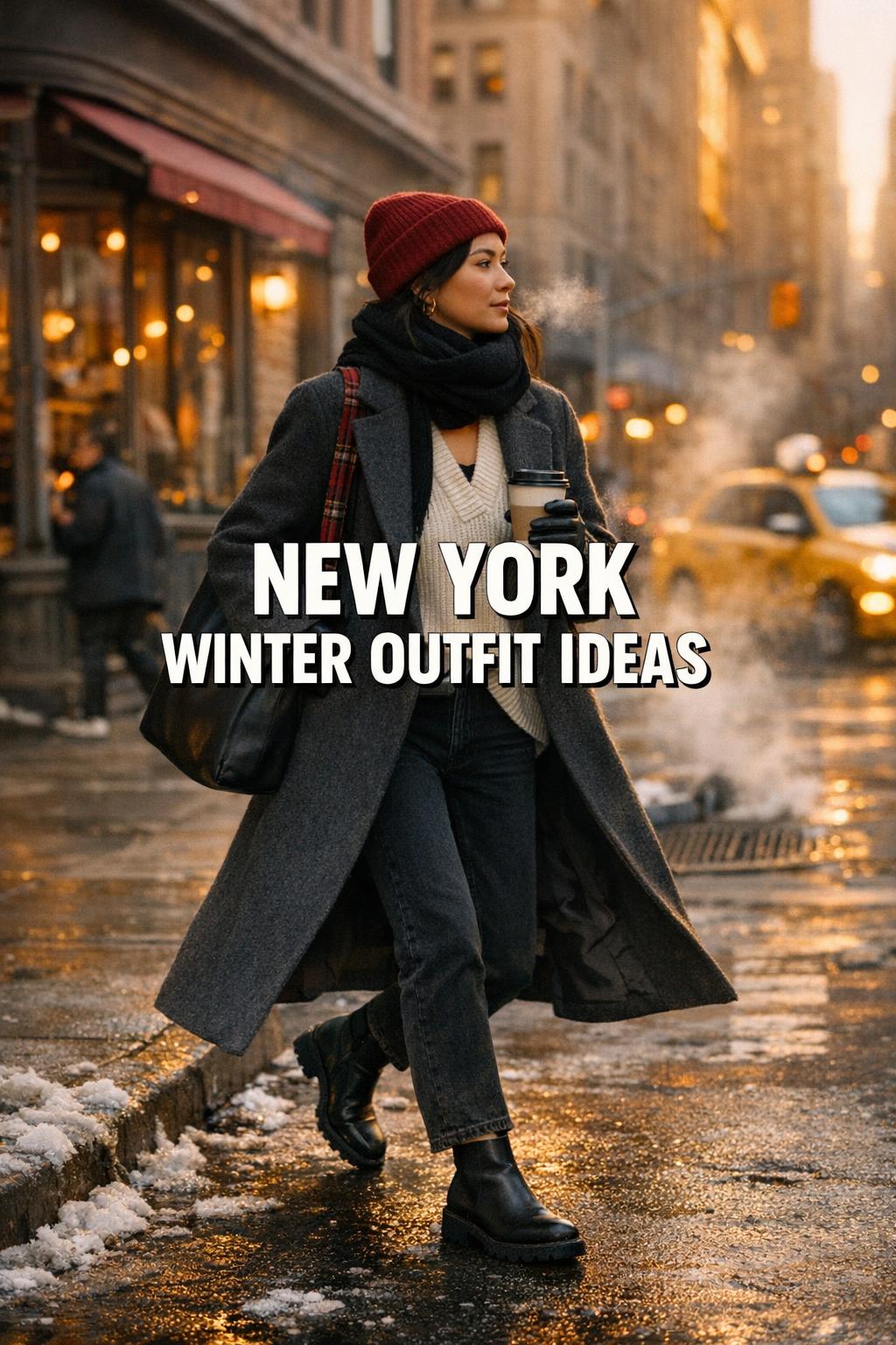 New York winter outfit on a NYC street at golden hour with charcoal wool coat, scarf, ankle boots, and coffee cup