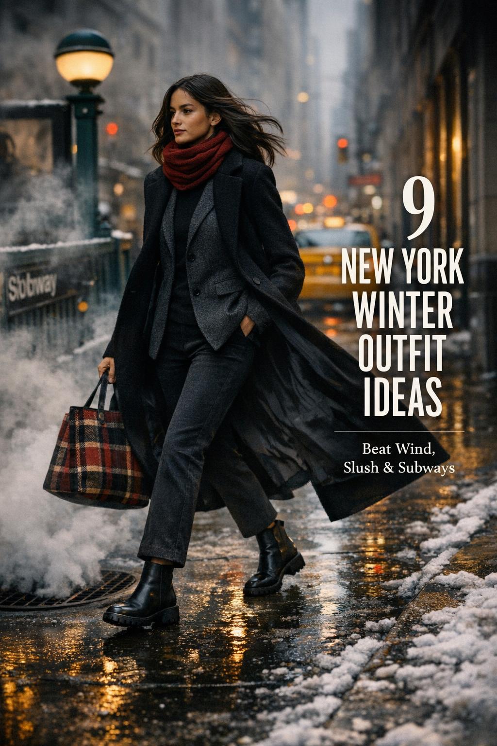 New York winter outfit street style: woman in long black coat walking by subway steam on a slushy Manhattan sidewalk.