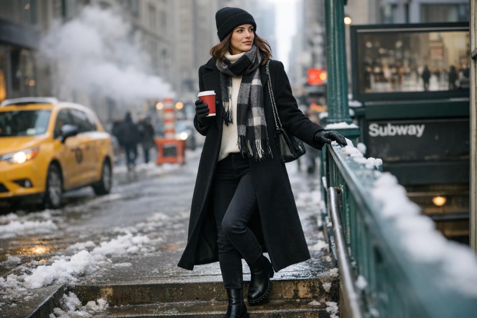New York winter outfit with long wool coat, chunky knit sweater, dark denim, scarf, beanie, and leather boots on a snowy NYC street