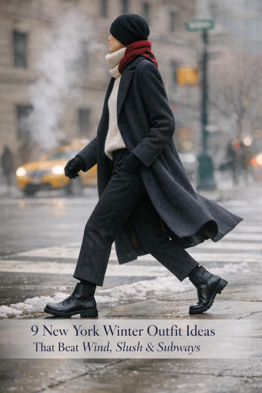 New york winter outfit on a Manhattan avenue: charcoal wool coat, cream turtleneck, black trousers and boots, red scarf.