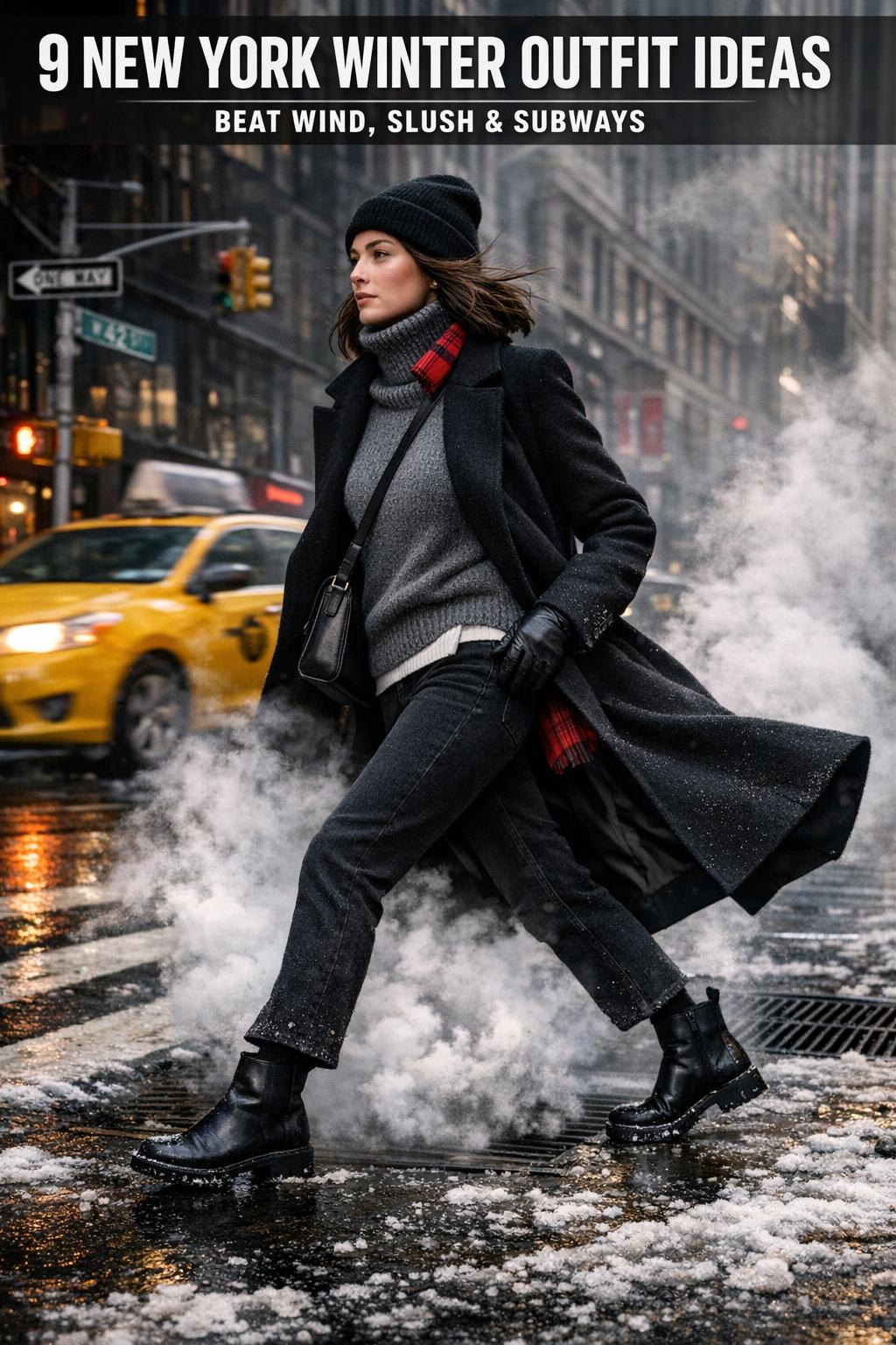 New York winter outfit on a stylish woman walking a snowy Manhattan street in a wool coat and scarf.