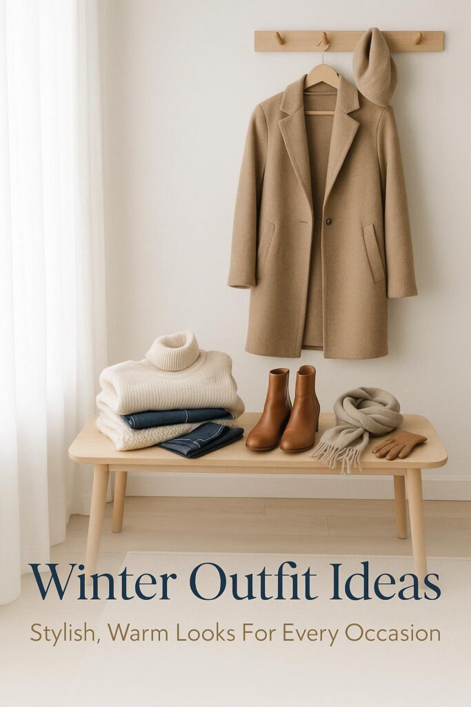 minimalist winter outfit ideas with neutral layers, jeans and ankle boots on a wooden bench